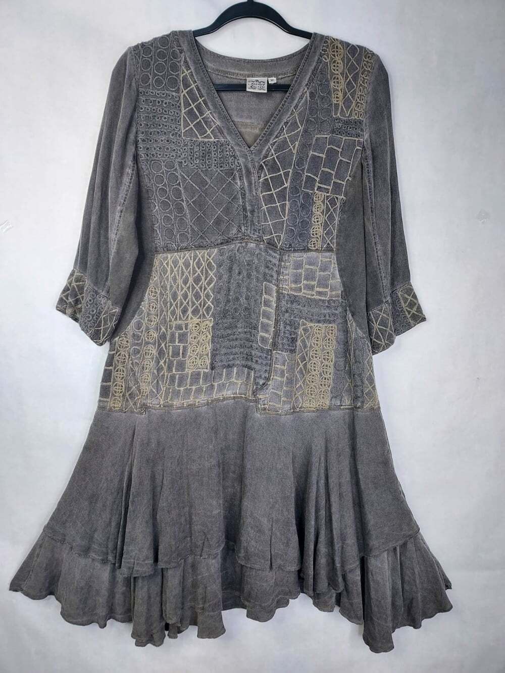 Parsley & Sage Tiered Midi Dress Med Gray Boho Patchwork Embroidery Art To Wear
